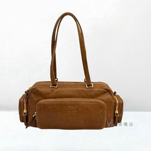 Y2052-MIUMIU Pocket棕色羊皮機車包5BB175