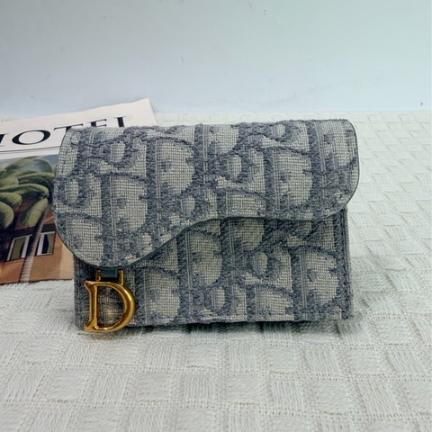 Dior SaddleBloom 灰緹花布金釦零錢包