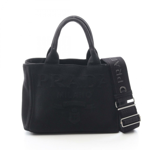 PRADA CANAPA 壓紋Logo雙肩斜背手提包，帆布材質，黑色，二手