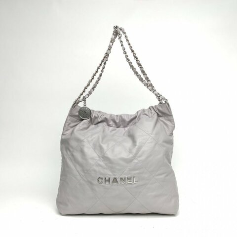CHANEL 22BagTote托特包中号灰色牛皮芯片银扣肩背包