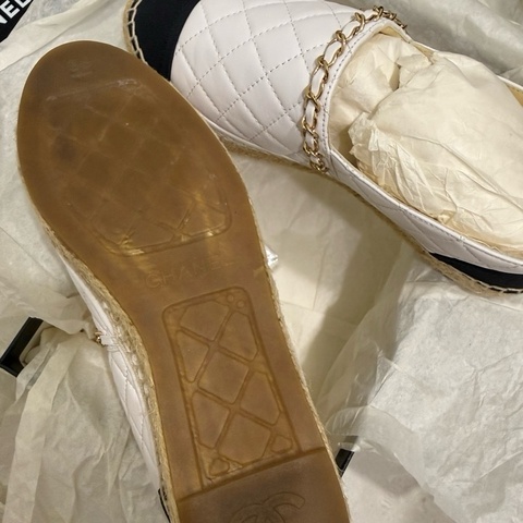極美二手Chanel 經典款 皮革 鉛筆鞋 草編鞋 漁夫鞋 白色菱格 鏈條款 香奈兒 草鞋  近全新