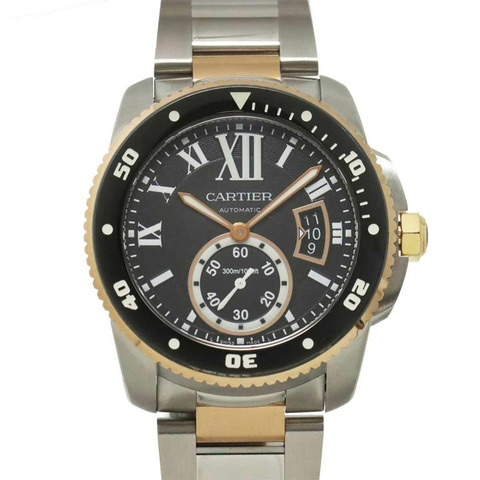 卡地亞 Calibre de Diver W7100054 男士腕錶，日期顯示，黑色，18K 玫瑰金，自動上鍊機芯。