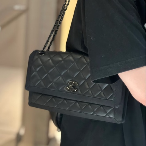 💎Chanel香奈兒｜so black 布拼皮信封鏈條包｜97新｜保卡21開