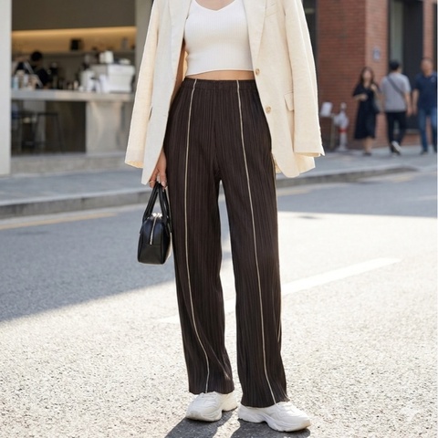 104）Pleats Please Issey Miyake 經典深咖啡色縐褶長褲 M-L可穿