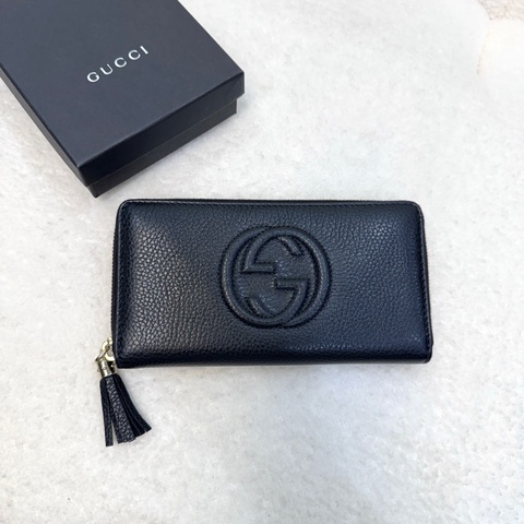 古馳GUCCI黑色SOHO系列經典雙G大Logo牛皮流蘇ㄇ字拉鍊長夾598187