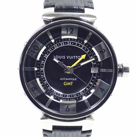 路易威登 Tambour GMT 男士自動腕錶，不鏽鋼錶殼，皮革錶帶，Q113K，手動上鍊，A4045545