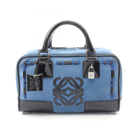 LOEWE Americana 28 手提包 絨面革 漆皮 藍色 黑色 二手 女士