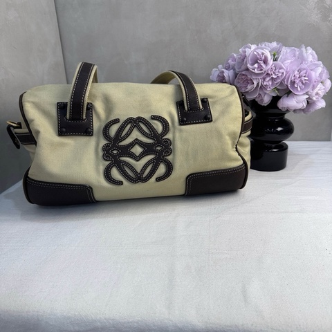 【赫蒂國際精品】Loewe 羅意威 Anagram 帆布皮革拼接波士頓包/手提包 vintage