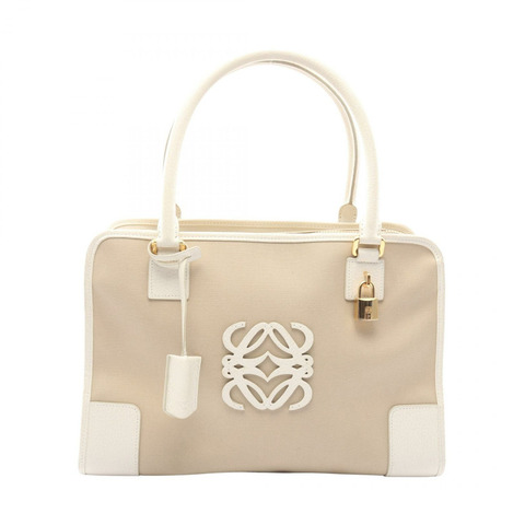 LOEWE Amazona 36 單肩手提包 帆布皮革 米色 白色 二手 女士