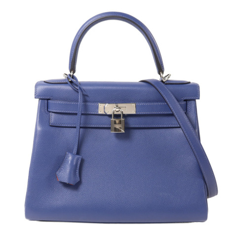 HERMES Evercolor皮革Kelly 28手挽肩背兩用袋Bleu Brighton/Orange Poppy