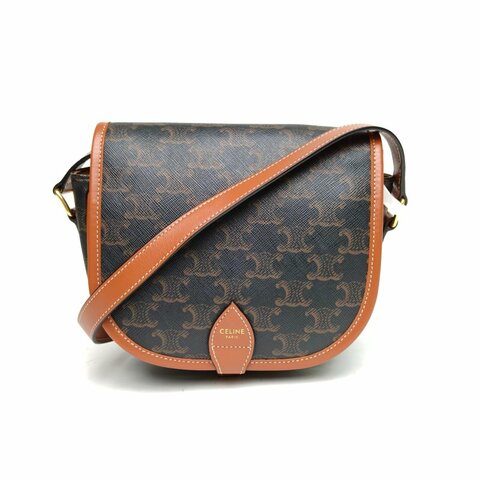 CELINE Folco马鞍包中号凯旋门印花褐色PVC肩背包