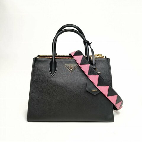 PRADA 黑色牛皮Galleria粉黑拼色手提斜挎包肩背包