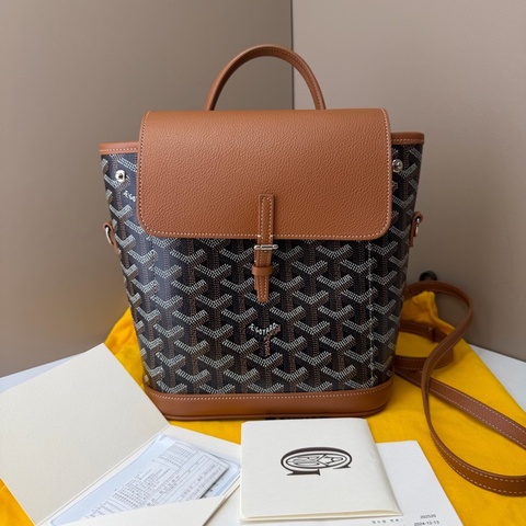 閒置新⭐高雅德/Goyard ALPIN迷你背包 老花滿印可拆卸可調節肩帶 帆布拼牛皮 書包背包雙肩包 迷你 男女同款情侶款 棕色 銀扣