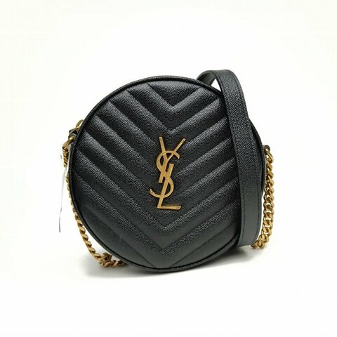 SAINT LAURENT Vinyle圆饼RoundV纹黑色荔枝牛皮金扣肩背包