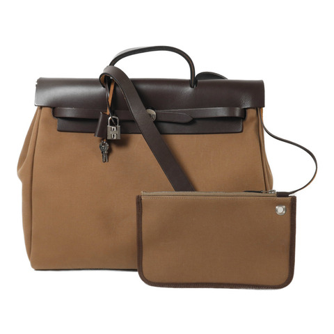 HERMES 帆布Herbag MM手挽肩背兩用袋Etoupe