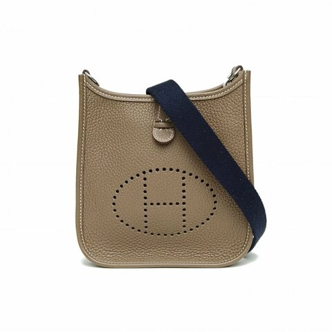 HERMES EvelyneMini16大象灰拼印度蓝TC皮U刻银扣肩背包
