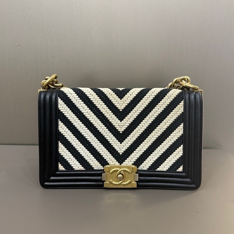 香奈兒/chanel leboy中號 單肩斜挎鏈條包 黑白拼色 金扣 毛呢拼牛皮 V紋 23開