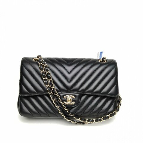 CHANEL CF口盖包中号黑色羊皮23开金扣V纹肩背包