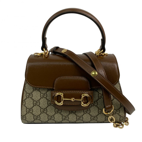 △ GUCCI 古馳 Brown Anderson Calfskin And Coated Canvas Horsebit 1955 2 way bag 啡色和淺褐色小牛皮和塗層帆布兩用袋 703848-267011251