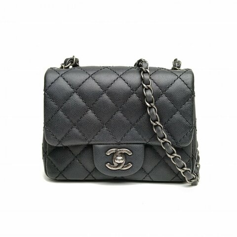 CHANEL CF口盖包方胖子深灰色荔枝牛皮23开银扣肩背包