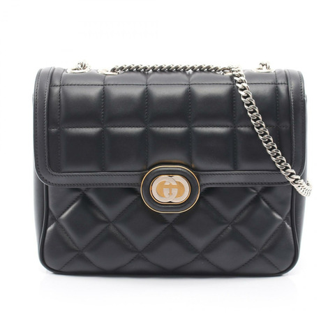 GUCCI Deco 鏈條單肩手提包 740834 黑色皮革 二手 女士 GG