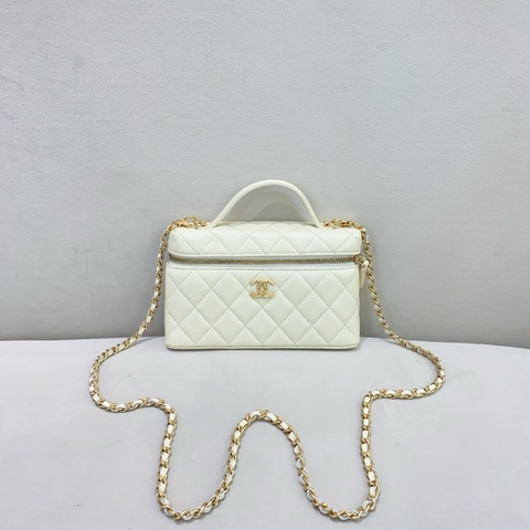Chanel香奈兒 26c 米色 荔枝紋牛皮手提LP長飯盒包化妝包