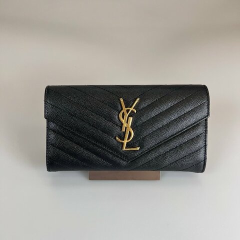 YSL 372264 黑魚子醬掀蓋信封長夾