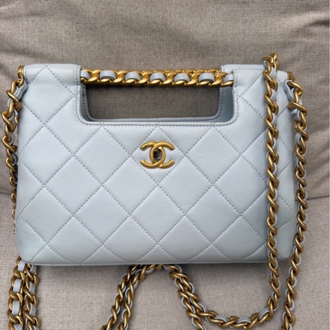 99新 香奈兒Chanel 25s淡藍色牛皮 金屬手柄雙鏈單肩包。