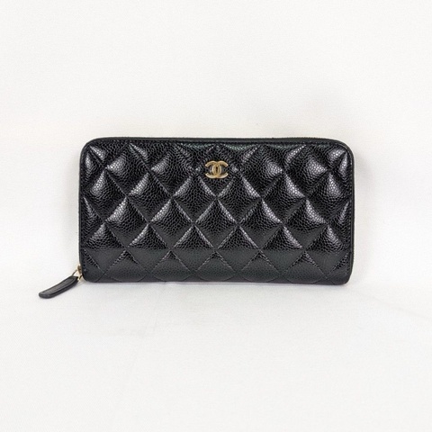 莉亞精品♡ Chanel AP0242 黑金荔枝拉鏈長夾 二手美包