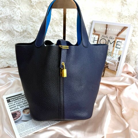 Hermès Picotin Lock 22黑午夜藍三拼色 手提袋 牛皮