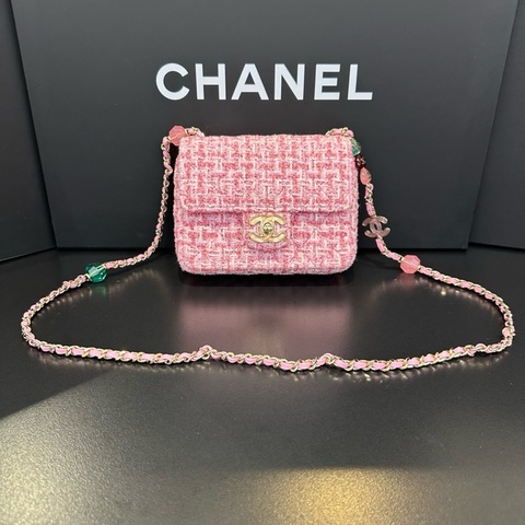 閒置新✨CHANEL香奈兒 23P芯片款 愛心皮穿鏈肩帶方胖子珠光雙C Logo 斜紋軟呢 單肩包斜挎包  裸包