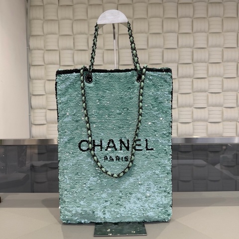 全新未使用 Chanel香奈兒24S薄荷綠亮片logo槍黑雙鏈條竪版托特包手提包腋下包