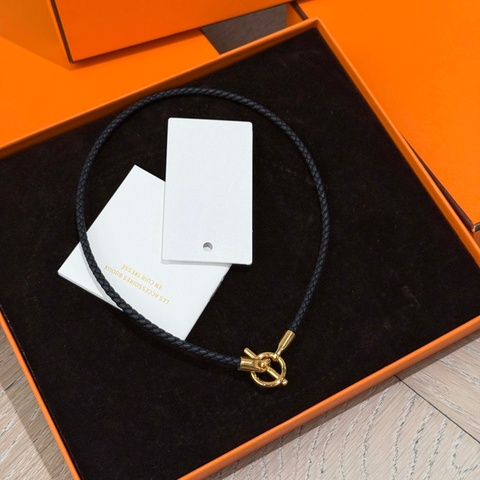 Hermes 愛馬仕 編織皮繩項圈  黑色 金扣