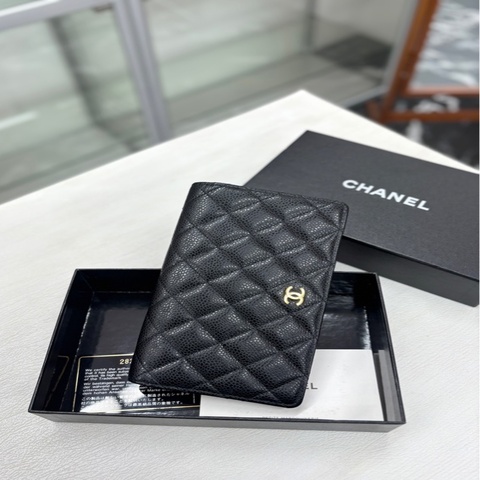 98新Chanel香奈兒 黑金荔枝牛皮對折長錢包/錢夾