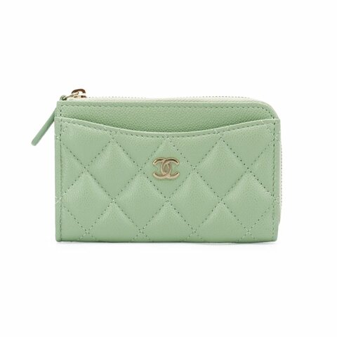 Chanel 展示品 淡金雙C菱格牛皮L型拉鍊卡包 (AP3179-牛油果綠)