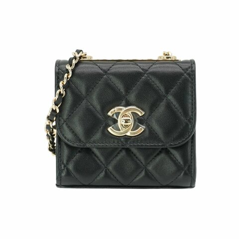Chanel 展示品 Trendy CC 菱格羊皮淡金釦方形迷你口蓋鍊包(A81633-黑)