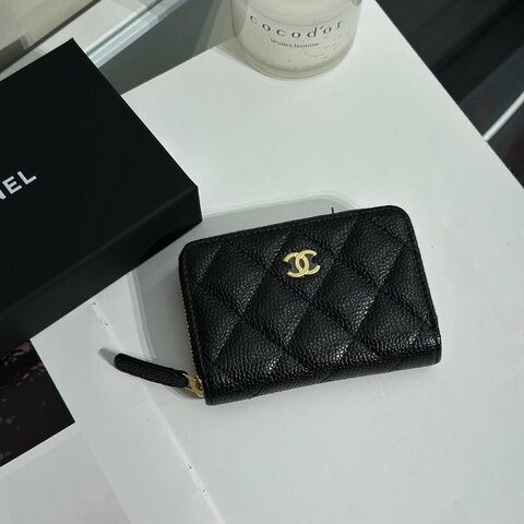 CHANEL 經典粒面牛皮拉鍊零錢包 - 黑金