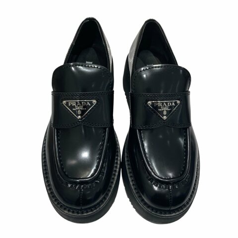 PRADA 普拉達 1D246M CHOCOLATE BRUSHED LEATHER LOAFERS 樂福鞋 拋光皮革 黑色