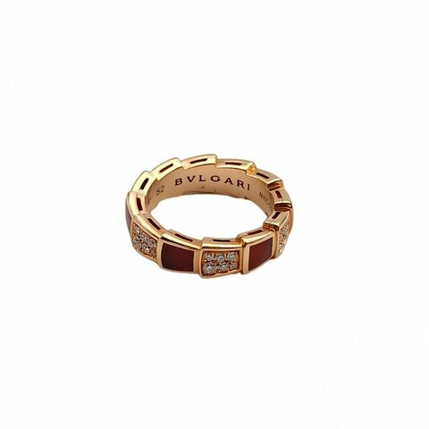 BVLGARI SERPENTI蛇戒红玉髓双排间钻戒指18K玫瑰金/钻石52