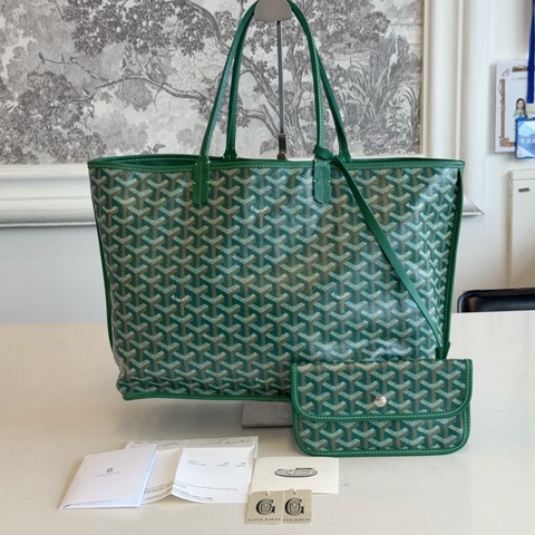✨99新Goyard 戈雅托特包皮面綠色老花滿印子母購物袋手提包單肩包