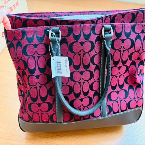 【全新含吊牌】COACH FS6088 經典雙色緹花全皮底商務 托特包 公事包 筆電包 (酒紅黑)