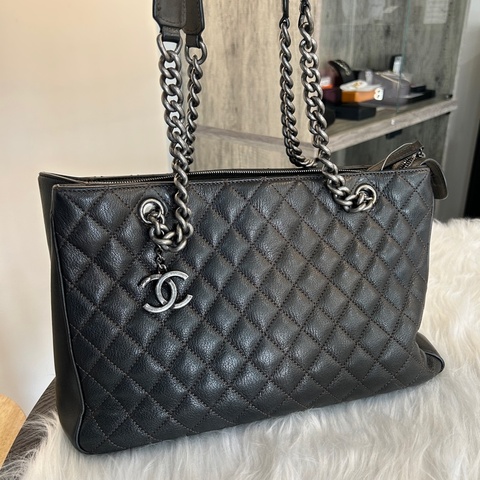 Chanel 深棕色 鐵灰銀扣 23開 手提包