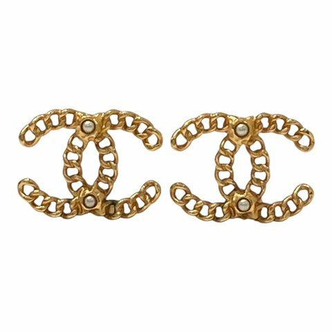CHANEL 香奈兒 VINTAGE CHANEL CC CHAIN LINK PEARL CLIP-ON EARRINGS 復古鏈條雙C珍珠耳針 合金 珍珠 金色