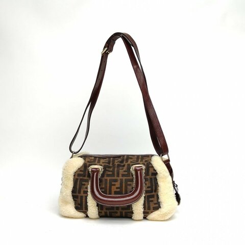 FENDI 拼色帆布中古羊羔毛拼老花斜跨手提包肩背包