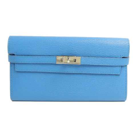 HERMES Chevre皮革Kelly wallet長錢包Bleu Zanzibar