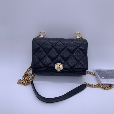 Chanel香奈兒風琴包珍珠扣黑色牛皮復古金扣鏈條包，鐳射28開