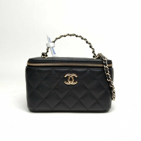 CHANEL 26CCruise長盒子珍珠皮穿鏈黑色牛皮金扣肩背包