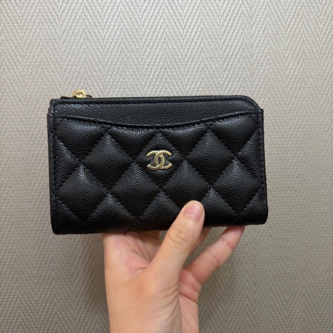 Chanel 黑荔枝牛皮金釦L拉零錢卡包AP3179
