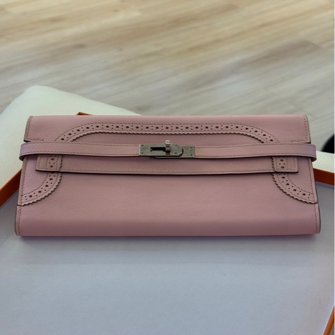 愛馬仕Hermes kelly long蕾絲櫻花粉銀扣X刻 錢包