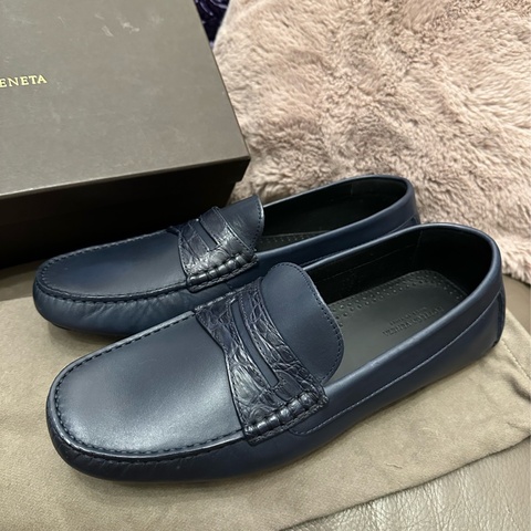 葆蝶家 Bottega Veneta size 43.5 全新 男裝 牛皮 鱷魚皮 深藍色經典皮革拼接豆豆鞋 開車鞋 樂福鞋 皮鞋